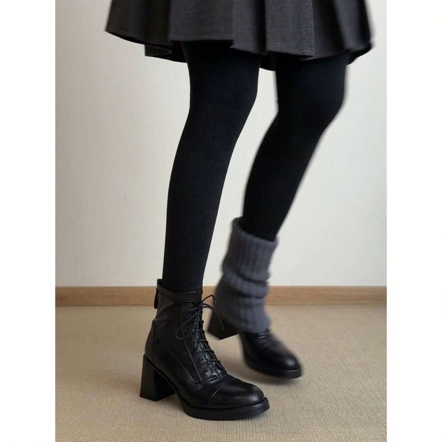 Sepatu Bot Wanita Model Vintage Berbahan Quilted dengan Tali untuk Aktivitas Luar Ruangan Musim Gugur/Dingin - Hitam - View 1