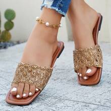 Women's Rhinestone Embellished Hollow-Out Mesh Pattern Square Toe Open Toe Single Strap Flat Slide Sandals, Luxury Vacation Style Summer Leather Slippers - Brown - View 14