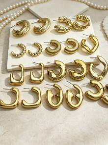10/20 Pcs Gold Hoop Earrings Set, Multi-Style C-Shaped Earrings, CCB Vintage Style Personalized Earrings, Suitable For Daily Wear, Party Eye-Catching Earrings, Perfect Gift For Mom And Girlfriend - Gold - View 6