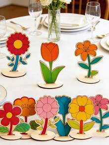 6/12pcs DIY 3D Wooden Flower Spring Art, Includes Unfinished Painted Wooden Flowers, Colorful Rhinestones, 12 Colored Pens, Painting Tools, Desktop Decoration, Suitable For Home Office, Wedding, Mother's Day Gift - Apricot - View 6