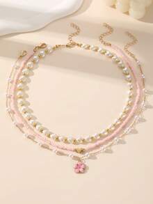 NAIZHU 3pcs Kalung Anak-Anak Motif Bunga dan Hati dengan Mutiara Imitasi Berlapis-lapis, Cocok untuk Pemakaian Sehari-hari dan Pesta - MultiWarna - View 3