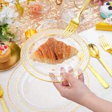 10/25/50pcs Elegant Transparent Dessert Plates With Hammered Gold Rim, 7.5 Inch And 10.25 Inch, Perfect For Wedding Decor, Bridal Shower, Birthday Dinner Party, Picnic, Valentine's Day, Christmas, Halloween And Various Party Events Multi-Functional Plates - View 12