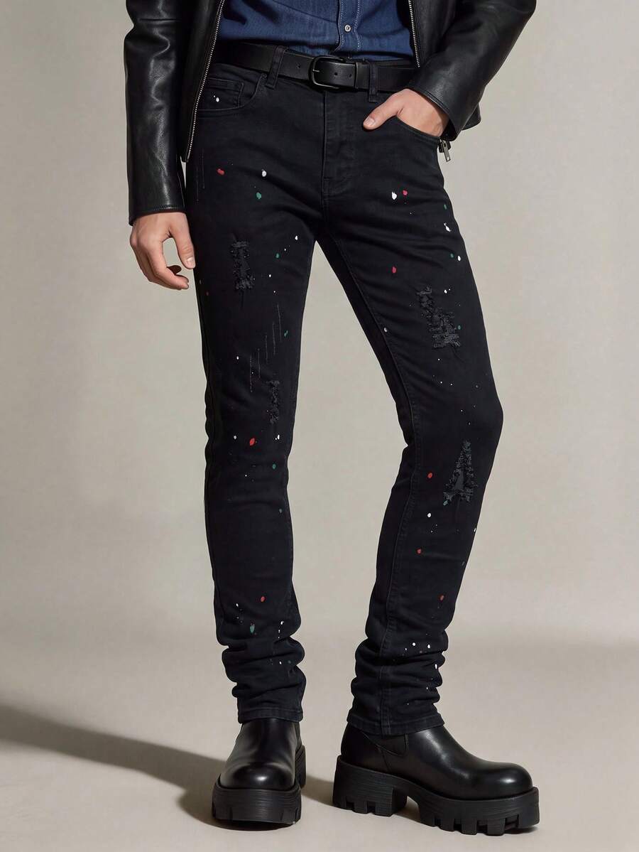 Men's Splatter Distressed Slim Fit Stretch Denim Jeans, Pure Black Base With Asymmetrical Colorful Paint Splatter, Frayed Ripped Details Classic Five-Pocket Streetwear Jeans - Black - View 1