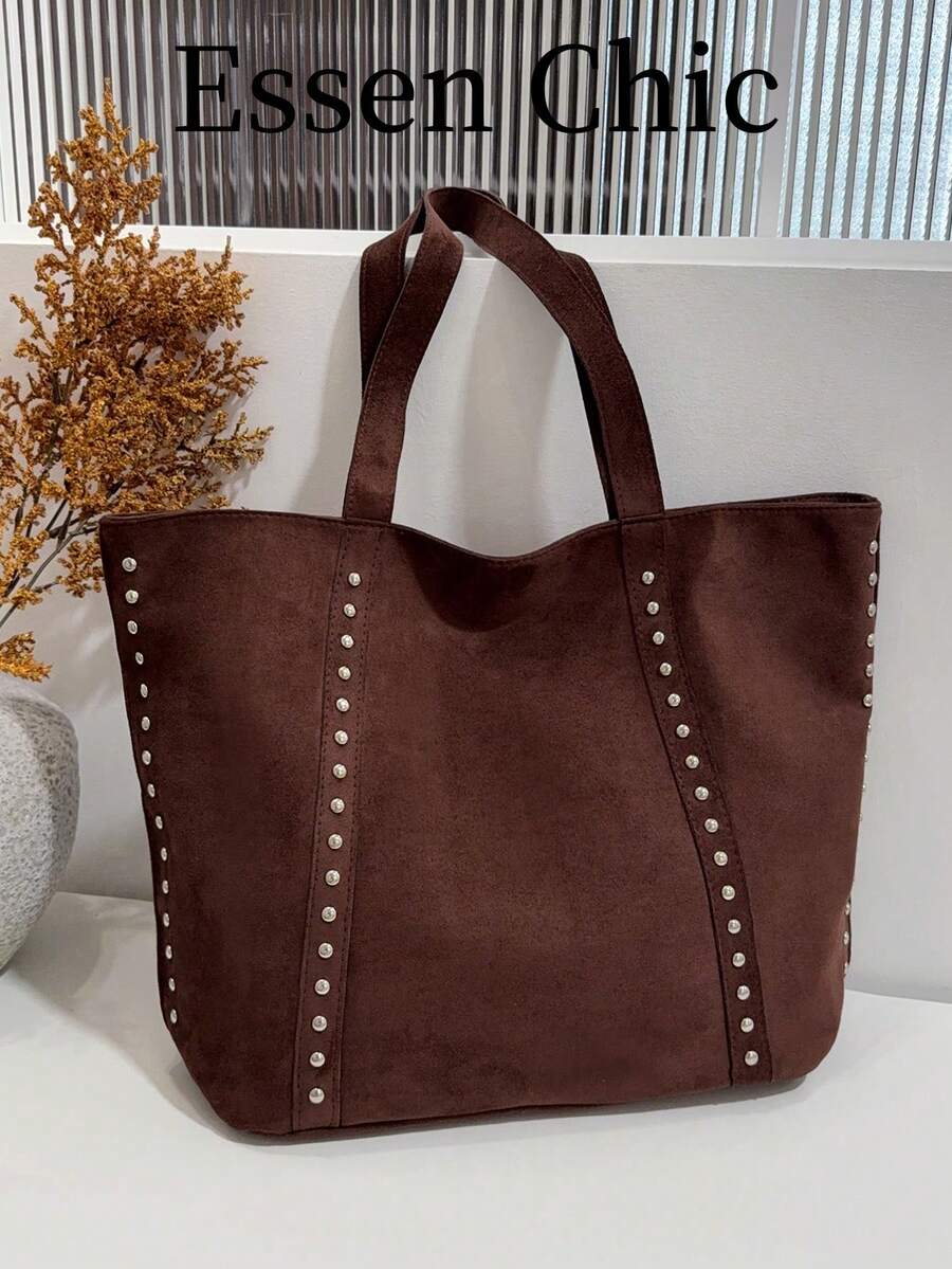 1pc Coffee Brown Metal Rivet Decor Large Capacity Faux Suede Tote Bag Women's Shoulder Bag