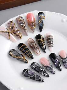 12pcs Metal Chain 3D Six-Color Nail Art Charms, Punk Alloy Nail Rivet Jewelry, Mixed Pearl Metal Chain Rivet Caviar Bead Jewelry, 3D Alloy Flat Back Rhinestone Nail Art DIY Decoration - Multicolor - View 10