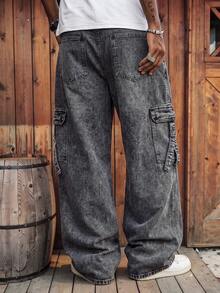 Men's Black & Grey Washed Cargo Denim Jeans, Double Side Large Cargo Pockets With Ribbon Decor, Vintage Loose Casual Daily Streetwear Jeans - Black - View 4