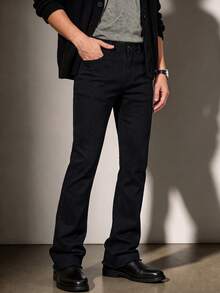 Men Solid Black Slim‑Fit Flare Jeans Frayed Raw Hem Stretch Denim Pants Y2K Streetwear Daily Wear - Black - View 1