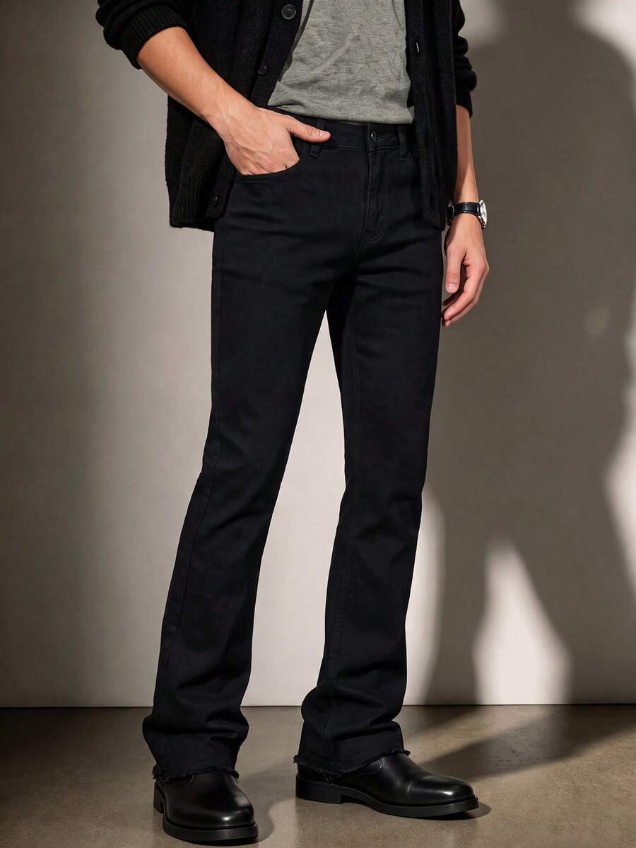 Men Solid Black Slim‑Fit Flare Jeans Frayed Raw Hem Stretch Denim Pants Y2K Streetwear Daily Wear - Black - View 1