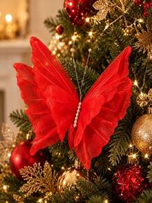 3pcs/Set Large Hanging Christmas Red Butterfly Decorations, 3D Laser Artificial Silk Realistic Butterflies, Suitable For Christmas Tree Decor, Christmas Fireplace Decor, Wedding, Birthday, Home And Living Room - Butterfly - View 6