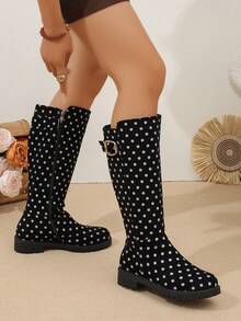WTKMRSSTEP Women's Polka Dot High-Top Long Boots, Vintage Round Toe Thick Sole Side Zipper Buckle Decor Fashion Riding Boots - Black - View 5