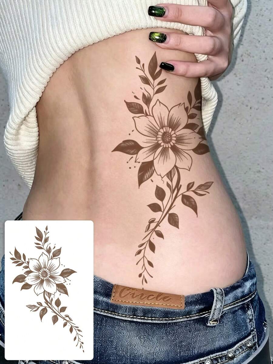 1pc Washable Minimalist Fashion Forest Floral Vine Tattoo Sticker, Neck / Collarbone Elegant Line Waterproof Temporary Tattoo, Lasts 2-3 Days - Brown - View 1