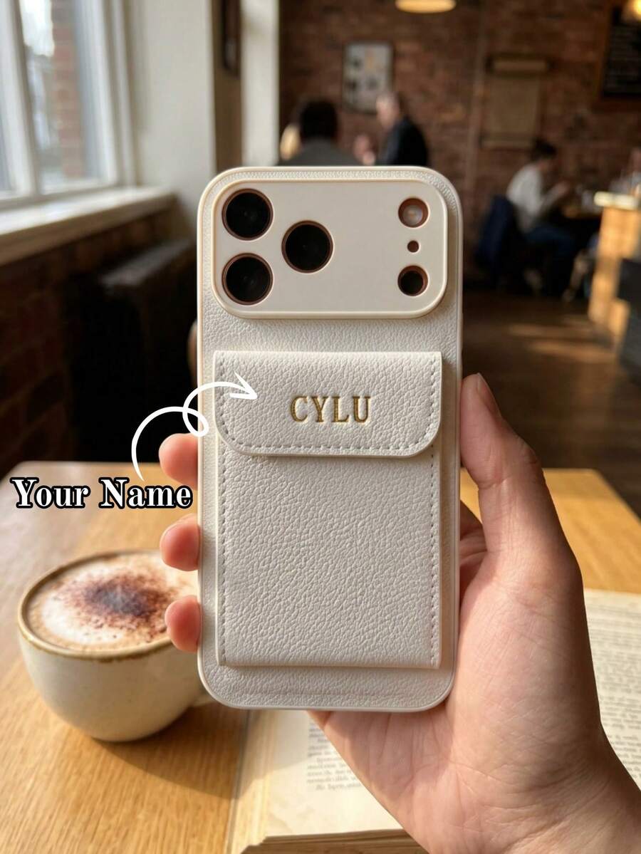 客製化姓名金箔字母荔枝紋PU皮革錢包手機殼,適用 13 14 15 16 17 18 Pro Max Plus Air,附卡槽,全鏡頭保護,防刮防震保護殼,時尚通勤辦公旅行配件,中性個性化禮物 - 白色 - 查看 1