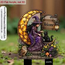2D Flat [2D Flat] 1pc 2D Flat Acrylic Plug-In, With Pointed Tip, For Decorating Flower Pots And Garden Paths, Featuring Witch, Cat, Owl And Flowers - C - View 3
