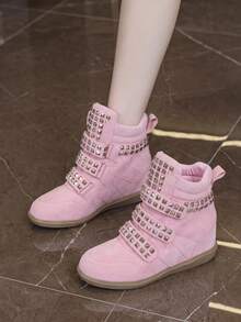 Women's Sports Shoes Rivet Invisible Height Increase Hook And Loop Design Fashion High-Top Casual Shoes Daily Wear - Pink - View 2
