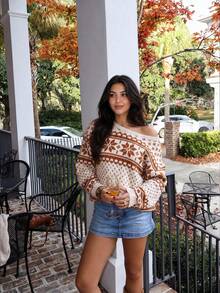 Women's Casual Fashion Asymmetrical Shoulder Knit Sweatshirt, Fair Isle, Autumn/Winter - Orange + Apricot - View 3