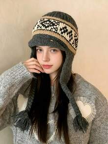 1 buah Topi Rajut Wanita Gaya Korea untuk Musim Gugur/Dingin, Ukuran Besar untuk Lingkar Kepala, Mempercantik Wajah, Melindungi Telinga, dan Hangat Tahan Dingin - beraneka warna - View 8