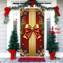 1pc 2D Flat Christmas Door Banner, Elegant Red And Gold Bow Design Porch Hanging Door Decor - Christmas Bow - View 3