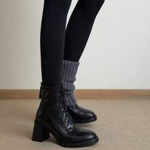 Sepatu Bot Wanita Model Vintage Berbahan Quilted dengan Tali untuk Aktivitas Luar Ruangan Musim Gugur/Dingin - Hitam - View 6