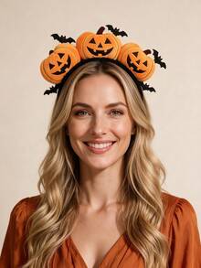 Halloween Pumpkin Expression Headband, Funny & Cute Gold Wire Pumpkin & Bat Design, Holiday Costume Head Accessory - Multicolor - View 2
