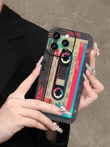 1pc Vintage Cassette Tape Pattern Full Coverage TPU Shockproof Phone Case Compatible With Apple 17 16 15 14 13 12 11 Pro Max And Series - Black - View 2