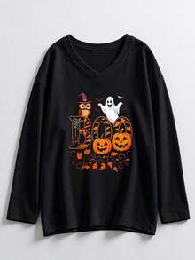 Plus Size V‑Neck Long Sleeve Tee, Boo Ghost Pumpkin Owl Halloween Print Loose Casual Top For Curvy Women - Black - View 3