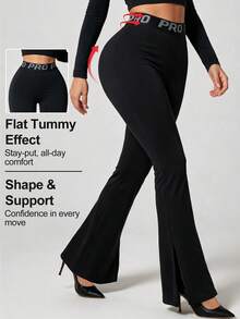 Women's Seamless Letter Split Hem Side Split Hem Workout Yoga Gymnastics Outdoor Leggings Flared Pants - Black - View 5
