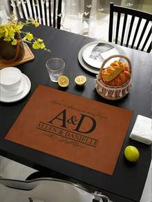 1pc Faux Linen Custom Name/Initials Printed Placemat, Vintage Brown Textured Letter & Slogan Print Heat-Resistant Table Mat, Home Tabletop Decor, Suitable For Housewarming, Wedding Anniversary, Family Gathering, Banquet Setup, Waterproof, Heat-Resistant, Easy To Clean, Exclusive Commemorative Gift For New Home And Newlyweds - Multicolor - View 4