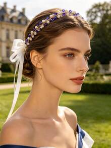 2pcs Vintage Elegant Royal Blue Crystal Pearl Headband, Wedding Accessory, Bohemian Rhinestone Pearl Bridal Headpiece - Multicolor - View 2