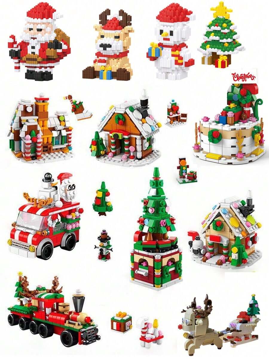 6-In-1 Santa Claus, Snowman, Reindeer, Christmas Tree, Small Train, Christmas House, Gingerbread House, Reindeer Sleigh, Christmas Cake, Waffle House, Christmas Tree Music Box Building Block Set, 14+ Years Old Educational DIY Assembly Model, Christmas Party Decor,Building Blocks Train,Christmas Tree Decorations,Car Building Blocks