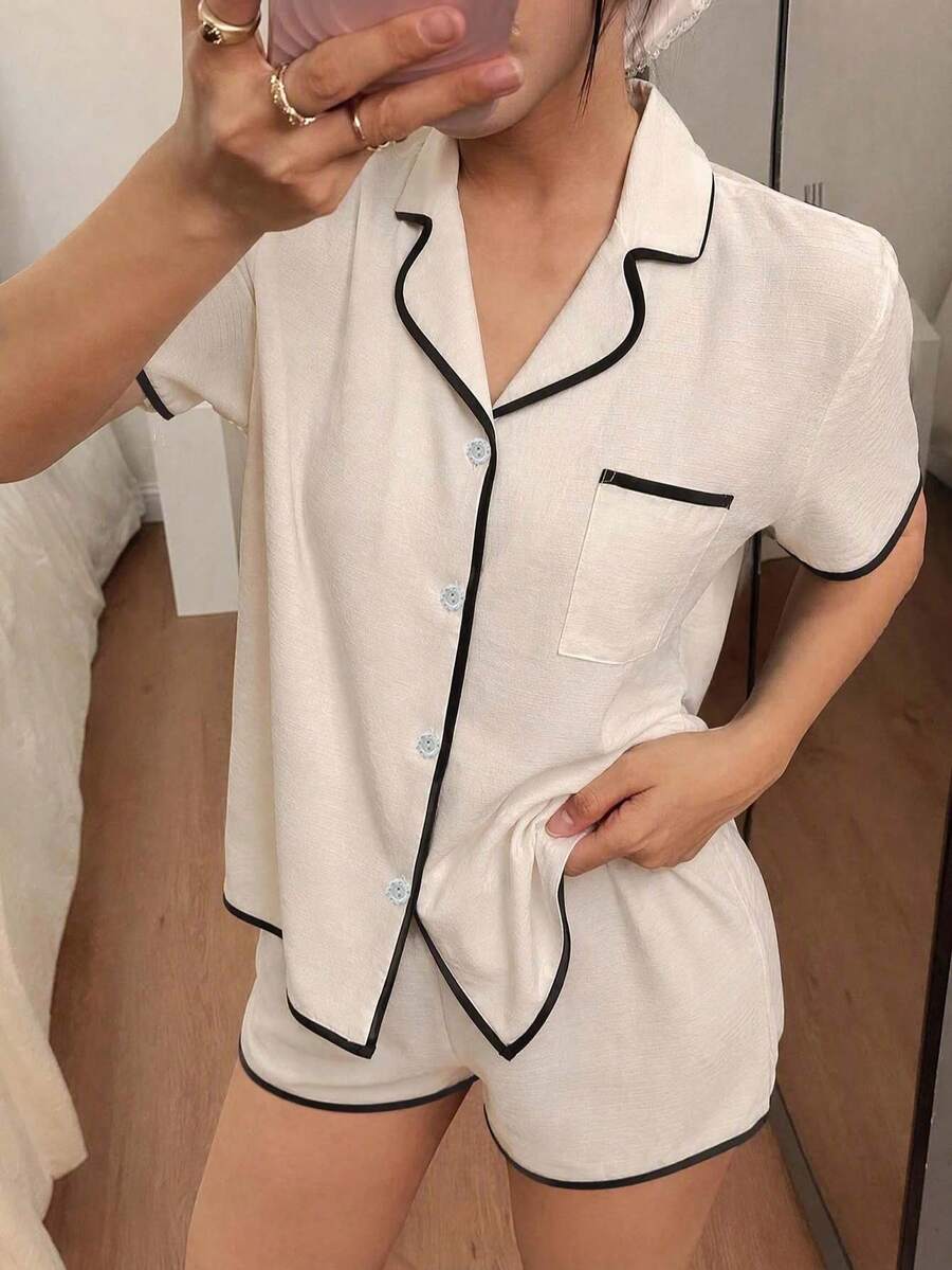Dreamivo 2pcs Women's Comfortable Solid Color Short Sleeve Lapel Top And Bowknot Shorts Pajama Set, Spring/Summer - White - View 1
