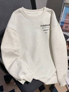 Niche Minimalist Small Letter Slogan Print Crew Neck Sweatshirt, Solid Beige, Versatile Commuter Inner Layer Or Outer Wear, Pullover Autumn Sweatshirt - Off-white - View 3