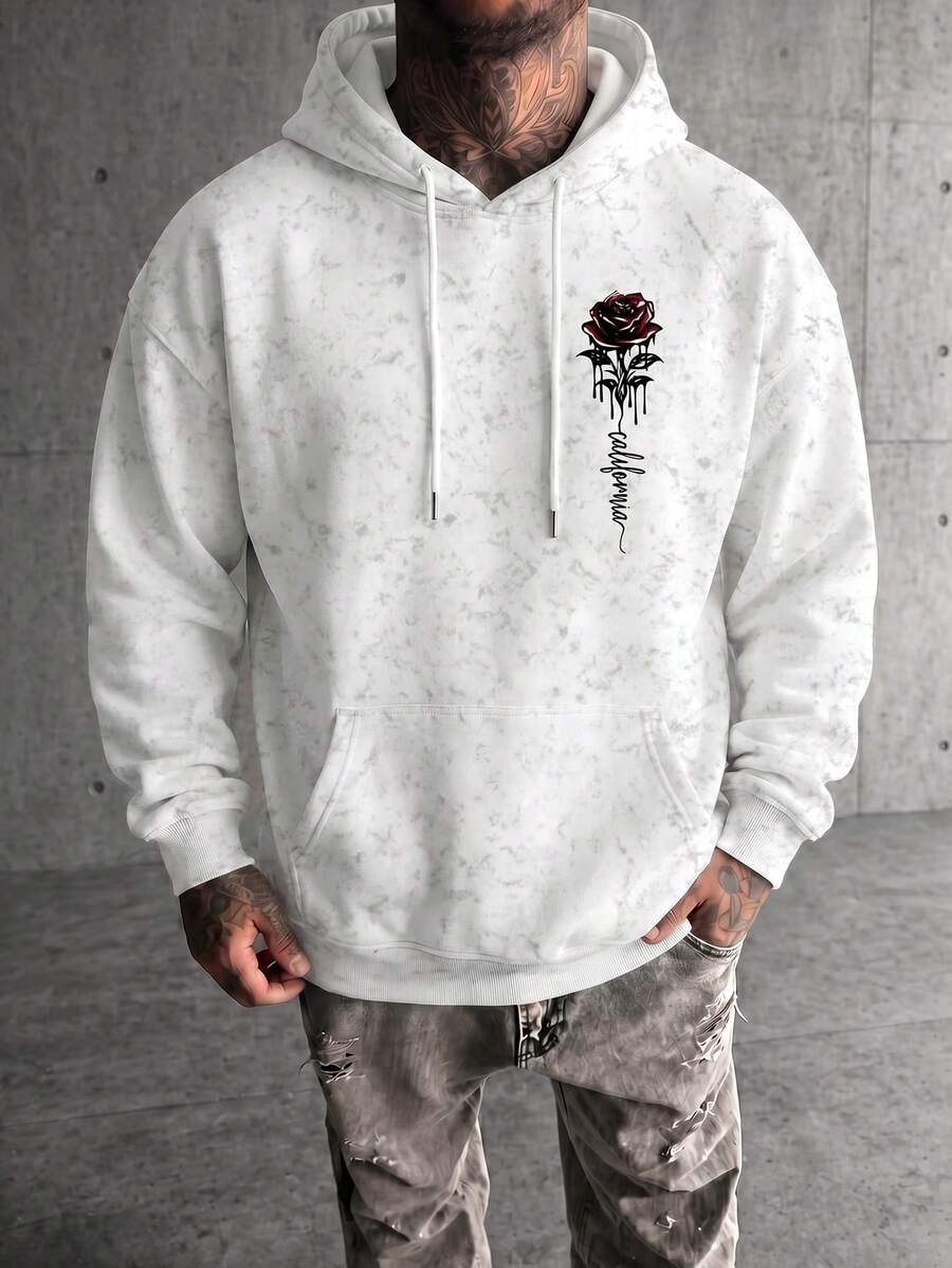 Sweatshirt Pria Kasual Longgar Bahu Jatuh dengan Motif Tetesan Mawar Merah Pudar dan Efek Usang - Putih - View 1