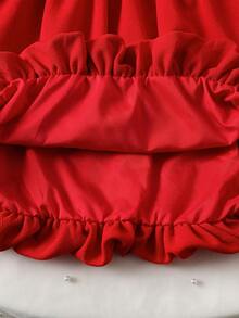 Galaxy Graffiti 4-7 Years Old Girls Dress, Square Neck Puff Sleeve Ribbon Bow, Vintage Sweet Princess Style, Suitable For Christmas New Year Birthday Holiday - Red - View 7