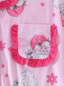 2pcs/Set Christmas Children's Short Sleeve Pajama Set, Flame Retardant Fabric, Cartoon Santa Claus Print Pattern, Ruffle Design On Cuffs, Hem And Pockets, Lapel Short Sleeve Cardigan And Long Pants Set, Suitable For All Seasons, Comfortable And Loose For Home Wear, Girls Middle And Big Tween Girl - Pink - View 6