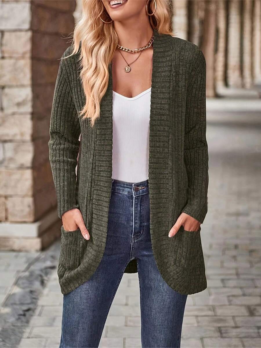New Plus Size Women's Solid Color Knit Cardigan, With Pockets, Regular Length, Suitable For Autumn/Winter Daily Outings, Versatile Commute Long Sleeve Top - Army Green - View 1