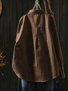 Women's Letter Embroidered Button Shirt, Casual - Brown - View 2