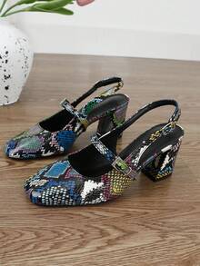 XBYASDF Women's Green Snake Skin Backless 7cm Chunky Heel High Heels, Vintage Square Toe Single Strap Pumps For Commute, Party And Date - Green - View 5