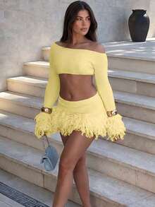 Women's Fashion Cream Knitted Crop Top + Tassel Mini Skirt 2 Pieces Set, Autumn Cocktail Party, Holiday, Concert And Vacation Outfit Yellow - Yellow - View 1