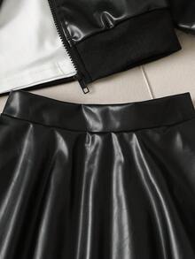 Galaxy Graffiti 4-7 Years Old Girls 2-Piece Outfit Set, Lapel Zipper Motorcycle Jacket + A-Line Pleated Mini Skirt, Cool Street Style, Suitable For Daily Wear, Party And Stage - Black - View 7