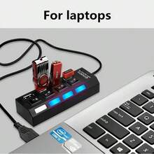 7-Port LED USB Hub With Individual Switches; 4-Port USB Hub With Individual Switches; USB Adapter Hub Multi-Port Outlet With Power On/Off Switch, Charging Splitter For PC, Laptop, USB Drive, Phone, Tablet, Non-Charging - White - View 11