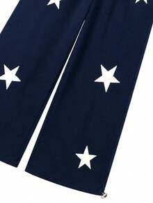 Women's Star Print Drawstring Pocket Sweatpants, Casual Lounge Pants, Suitable For Running, Cycling, Fitness, Travel, All-Season Loose Fit - Navy Blue - View 5