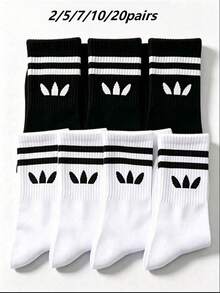 2/5/7/10/20 Pasang Kaos Kaki Unisex Musim Semi/Panas Minimalis Warna Polos Garis Ganda Setengah Betis, Nyaman dan Bernapas, Pas di Badan, Warna Hitam & Putih Klasik - Hitam dan Putih - View 9