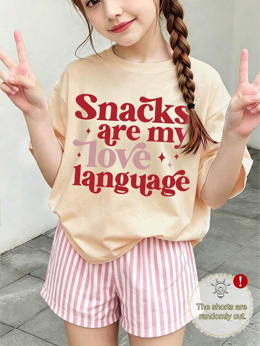 2pcs Girls Outfit, Including 1pc Colorful Slogan Crew Neck Short Sleeve T-Shirt And 1pc Pink & White Vertical Striped Casual Shorts, Suitable For Summer - Multicolor - View 1