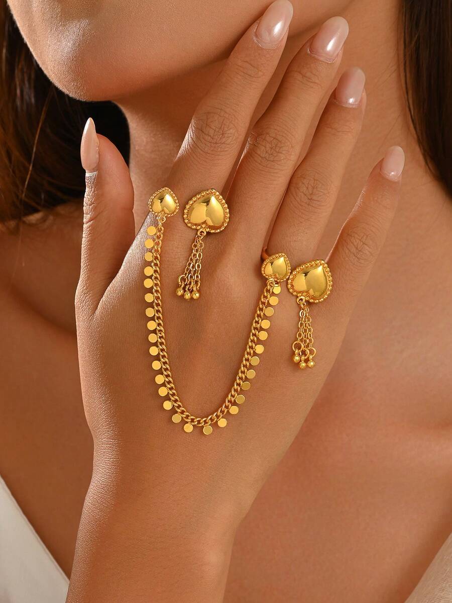 1pc Vintage Arabic Style Heart Tassel Chain Double Finger Ring, Elegant Women's Ring For Daily Wear, Holiday Gift, Wedding Jewelry - Yellow Gold - View 1