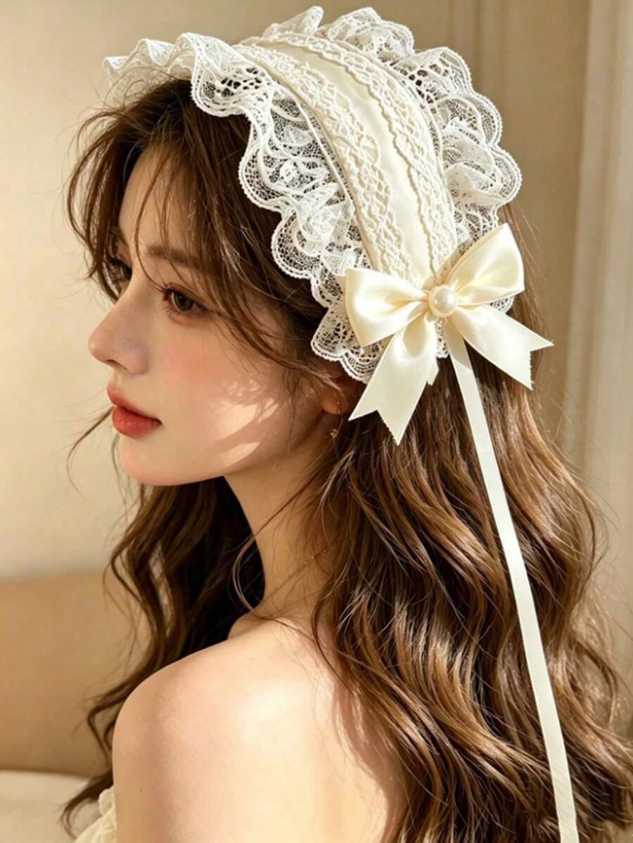 1件白色蕾絲髮箍配粉色蝴蝶結與緞帶,蘿莉塔風格時尚 Cosplay 女款髮飾 - 白色 - 查看 1