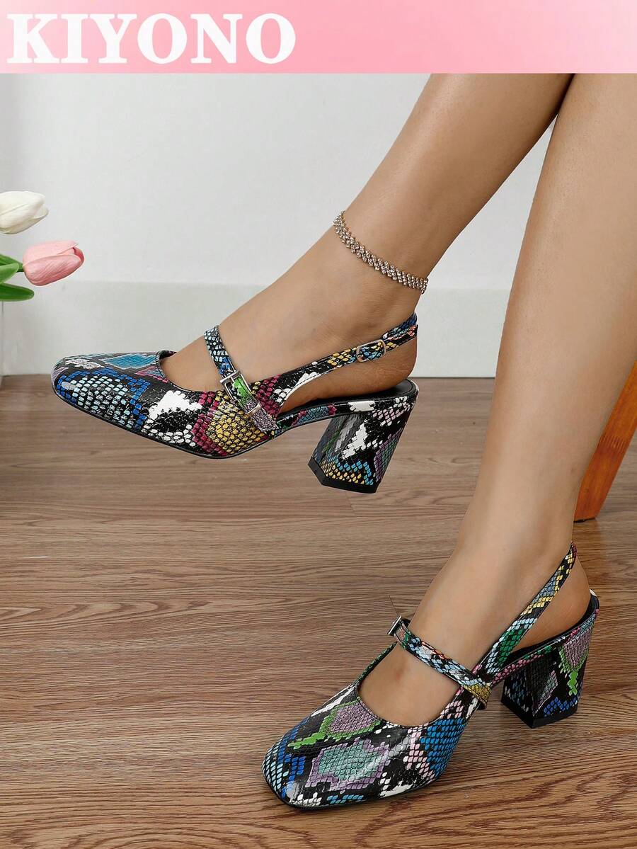 XBYASDF Women's Green Snake Skin Backless 7cm Chunky Heel High Heels, Vintage Square Toe Single Strap Pumps For Commute, Party And Date - Green - View 1