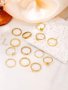 13pcs Fashionable Elegant Stainless Steel Women's Rings, Starry Sky Heart Bow Flower Butterfly Love Element Design, Suitable For Daily Wear, Dating, Photography, Party, Holiday Accessories - Gold - View 2