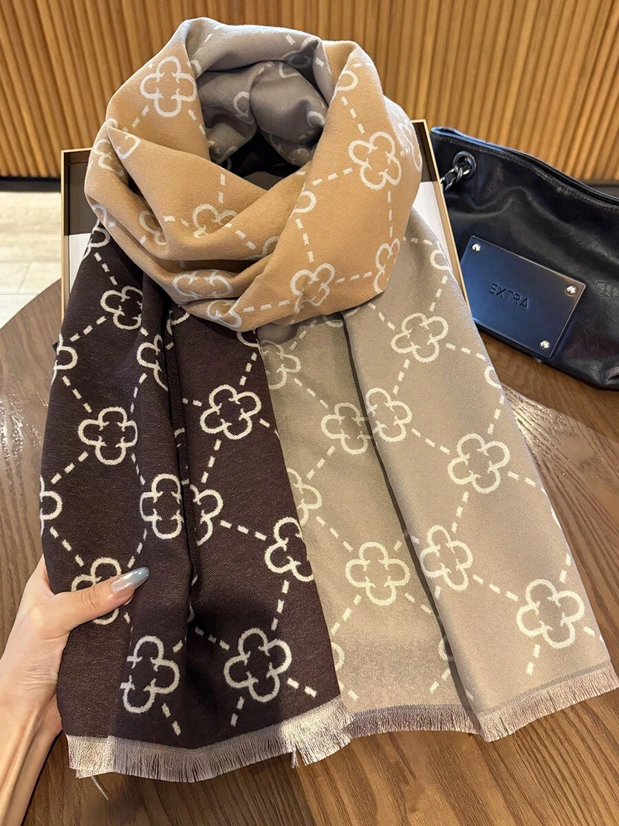 1件女款四葉花紋圍巾,冬季保暖百搭披肩,雙用途冷氣房辦公室披肩,長款加厚護頸保暖巾 - 卡其色 - 查看 1