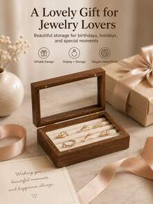 1PC Jewelry Organizer Box For Women, Brown Wood Grain Jewelry Storage Case With Clear Display Lid & Magnetic Closure, Multi-Slot Ring Earring Holder For Vanity Dresser Bedroom Home Decor Gift - Multicolor - View 6