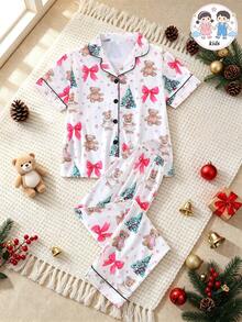 2pcs/Set Christmas Children's Short Sleeve Pajama Set, Flame Retardant Fabric, Christmas Tree Cartoon Bear Print Pattern, Lapel Short Sleeve Cardigan And Long Pants Set, All Season Wear, Home Wear, Comfortable And Loose, Girls Medium And Large Children - White - View 1